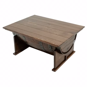 A wooden coffee table, crafted from a repurposed wine barrel, features a natural finish, curved sides, and a visible seam along its length.
