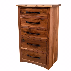 A light-colored wooden dresser with six drawers and black handles stands against a white background, showcasing a natural wood grain pattern.