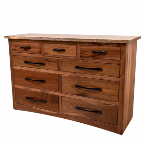 A light-colored wooden dresser with nine drawers, black handles, and a natural finish stands against a white background, showcasing its craftsmanship.