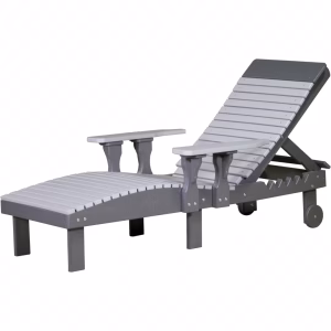 A gray wooden lounge chair with a white cushion and black legs is positioned at an angle, appearing ready for use against a white background.