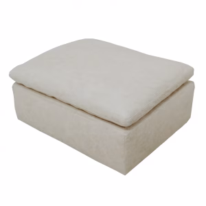 A beige leather ottoman with a square seat and backrest, accompanied by a matching footstool, sits against a white background.
