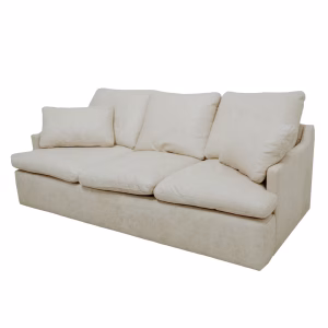 A beige leather sofa with a three-seat design, two armrests, and a slightly curved backrest and armrests is positioned against a white background.