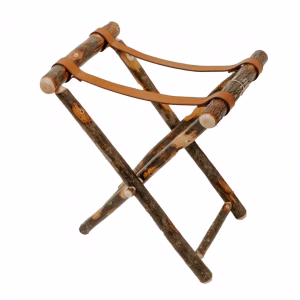 A wooden tripod stand, crafted from branches and leather straps, stands against a white background, showcasing its rustic charm.