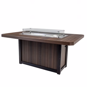 A modern outdoor dining setup features a rectangular table with a dark wood top, black metal base, and glass fire pit lid, set against a white background.