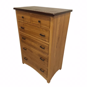 A light-colored wooden dresser with six drawers and black handles stands against a white background, showcasing its clean, minimalist design.