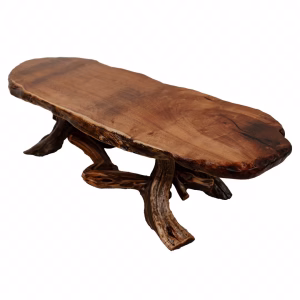 A wooden coffee table with a natural, rough-hewn edge and organic branch legs sits on a white background, showcasing its rustic charm.