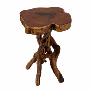 A rustic wooden side table features a natural, uneven edge tabletop and twisted, gnarled legs, exuding a weathered, handcrafted aesthetic.