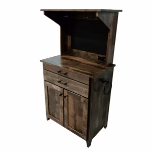 A dark wooden cabinet with two doors and a shelf stands against a white background, free of clutter.