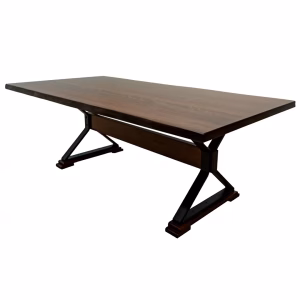 A rectangular wooden table with a dark, glossy finish and black metal legs stands against a white background, showcasing its clean and refined design.