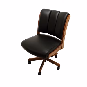 A black leather office chair with wooden frame and five wheels is positioned at an angle, showcasing its modern and minimalist design.