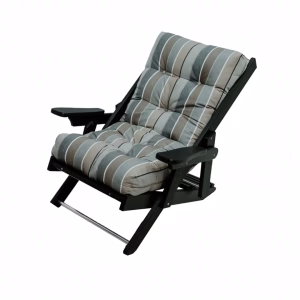 A black wooden chair with a gray and white striped cushion is positioned at an angle, appearing new and unused.