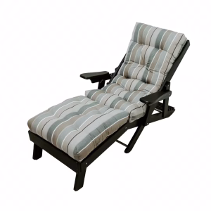 A black wooden chaise lounge with striped cushion and armrests is positioned at an angle, showcasing its ergonomic design and cozy atmosphere.