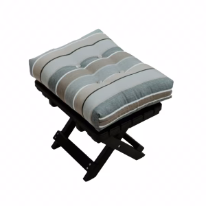 A black folding stool with a blue, gray, and white striped cushion is set against a white background, ready for use.