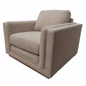 A beige armchair with a woven pattern, wooden base, and slightly turned armrests is positioned at an angle, facing right, with a matching backrest and seat cushion.