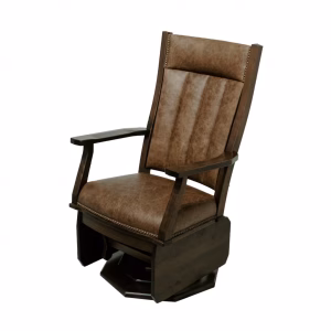 A dark wooden swivel chair with brown leather upholstery and a analyzes backrest sits on a black base with silver accents.