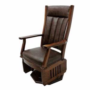 A dark wooden rocking chair with leather upholstery, vertical slats, and a curved backrest stands against a white background, showcasing its rustic charm.