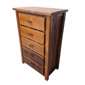 A wooden dresser with six drawers and a rich brown finish stands against a white background, showcasing a rustic and elegant design.
