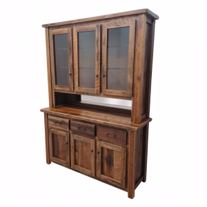 A dark wooden hutch with glass-paneled doors, three drawers, and two cabinets stands against a white background, showcasing its rich and natural finish.