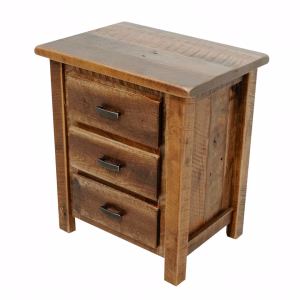 A rustic wooden nightstand, crafted from reclaimed barn wood, features three drawers with black metal handles and a flat top, providing a functional and visually appealing storage solution.