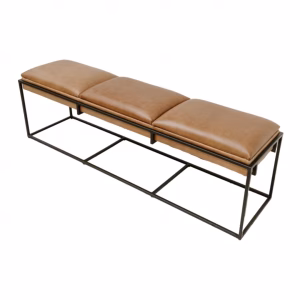 A modern black metal frame supports three identical light brown leather benches, arranged in a straight line against a white background.