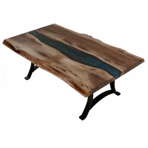 A wooden coffee table with a blue inlay in a river shape and black metal legs stands against a white background.