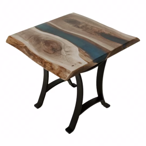 A wooden side table with a blue river-like inlay and black metal legs stands against a white background.