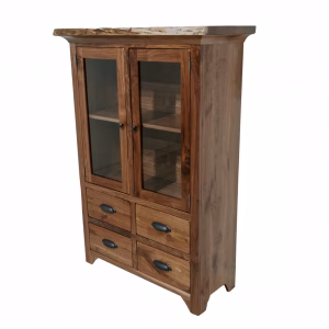 A wooden cabinet with glass and metal doors, sturdy base, and four drawers stands against a white background, showcasing a natural finish.