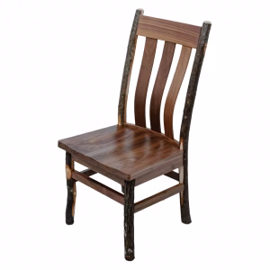 A dark wooden chair with a curved backrest and four legs made from natural wood stems is positioned at a slight angle, showcasing its rustic charm.