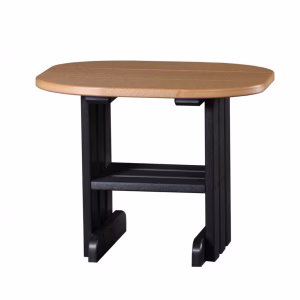 A light brown wooden-topped table with black legs and base stands against a white background, exuding a clean, minimalist aesthetic.