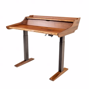 A wooden desk with a natural finish, curved top, and open shelf stands on two sturdy legs, offering a modern and minimalist design.