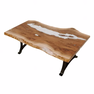A wooden coffee table with a white resin inlay in the shape of a fish, set on a black metal base, showcases a natural, rustic aesthetic.