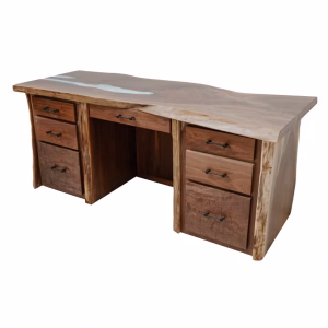 A wooden desk with a natural edge and six drawers stands against a white background, displaying a rustic aesthetic and organized organization.