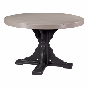 A round outdoor table with a beige top and black base stands on a white background, exuding an air of simplicity and elegance.