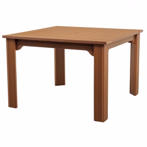 A wooden outdoor dining table with a natural brown hue and tapered legs stands against a white background, exuding a rustic charm.