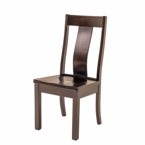 A dark wooden chair with a curved backrest and slat design stands against a white background, showcasing its rich brown hue and sleek lines.