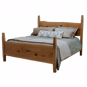 A wooden bed with a natural, rustic finish features a blue and white comforter, gray and white pillows, and a wooden headboard, set against a white background.