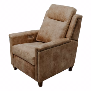 A tan leather recliner chair with wooden legs and a power button is positioned at an angle, appearing new and unused.