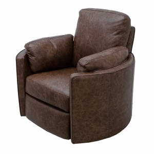 A brown leather swivel armchair with a curved backrest and armrests sits against a white background, exuding comfort and style.