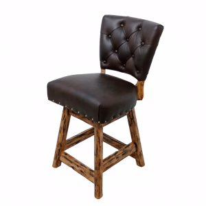 A dark wooden chair with a tufted backrest and padded seat stands against a white background, showcasing its rustic charm.