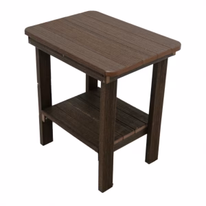 A dark wooden end table with a shelf and four legs stands against a white background, showcasing its rustic and functional design.