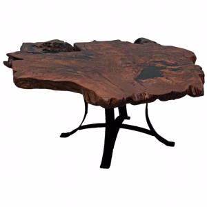 A dark wooden coffee table with a rough, irregular top and black metal legs stands against a white background.