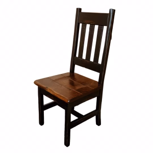 A dark wooden chair with a rectangular seat, curved back, and four slats stands against a white background, showcasing its rustic charm.