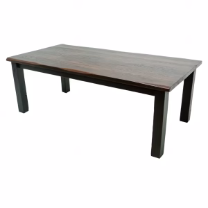 A dark wooden table with a rectangular shape and straight edges stands against a white background, showcasing a natural wood grain texture.