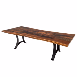 A dark brown wooden table with a natural edge and leaf-shaped inlays stands on black metal legs against a white background.