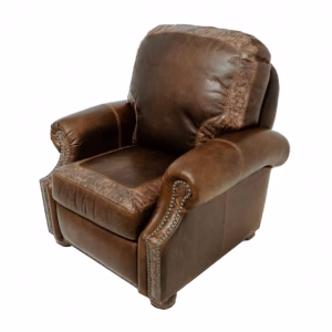 A brown leather armchair with floral pattern, curved backrest, and armrests sits against a white background, showcasing its deep brown hue and luxurious upholstery.