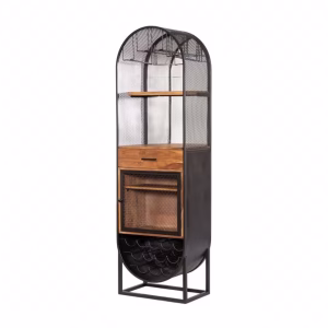 A black metal and wood bar cabinet features a curved top, flat bottom, and two shelves for storage, with a handle on the front door and a small drawer.
