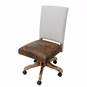 A wooden chair with a brown leather seat and beige fabric backrest and seat, featuring four black wheels, stands against a white background.