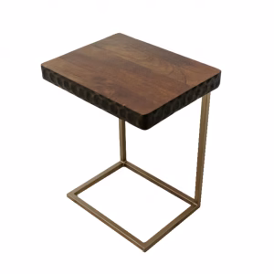 A modern wooden side table with a square top, dark grain pattern, and rectangular base, supported by a single gold-colored leg.