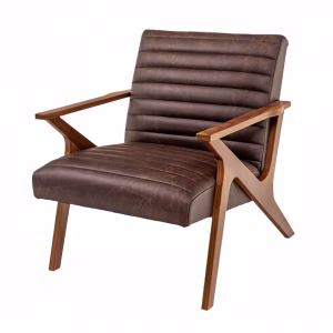 A modern brown leather armchair with wooden frame and armrests sits against a white background, showcasing its sleek and comfortable design.