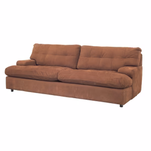 A brown leather sofa with a square-patterned design sits against a white background, emphasizing its relaxed and comfortable appearance.